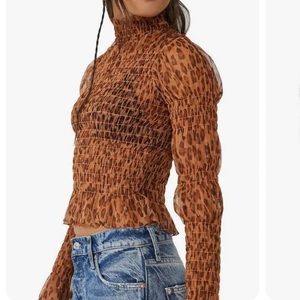 NWT Free People Leopard Combo Long Sleeve Blouse Elastic Neck Size M